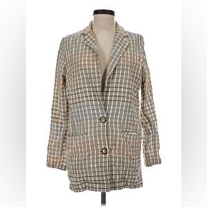Free People Beige Checked Blazer with Blue and Orange Windowpane